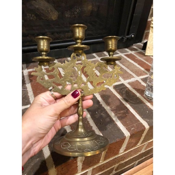 Vintage gold ornate brass candelabra for 3 candlestick holders 8 inches tall - Picture 5 of 9